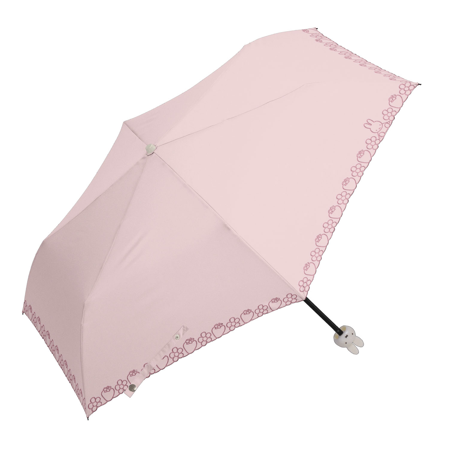 ミッフィー 1級遮光晴雨兼用コンパクト折傘 ミッフィーハンドル＆刺繍タイプ 刺繍miffy and strawberry - 画像1