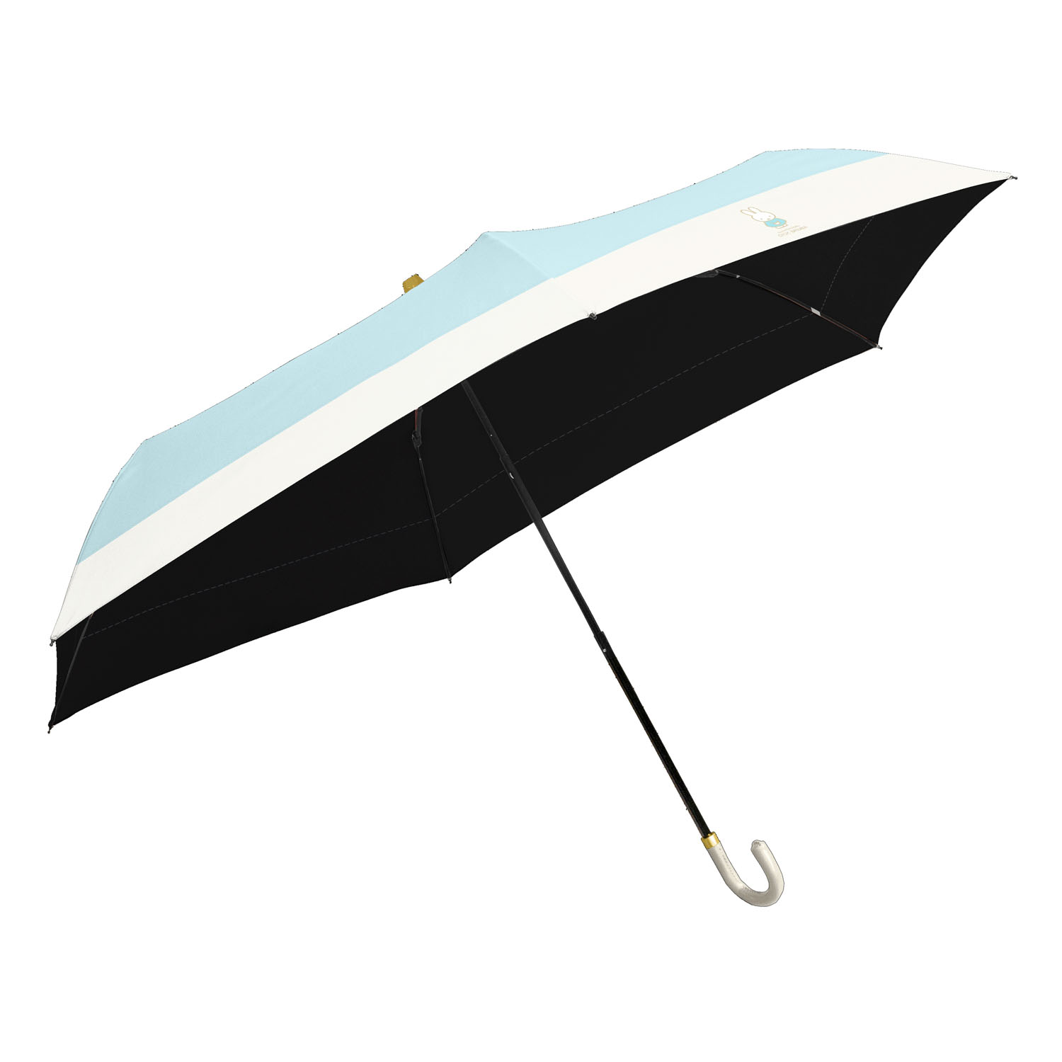 ミッフィー 晴雨兼用コンパクト折りたたみ傘 レザーハンドル 水色×白 切り継ぎ - 画像2