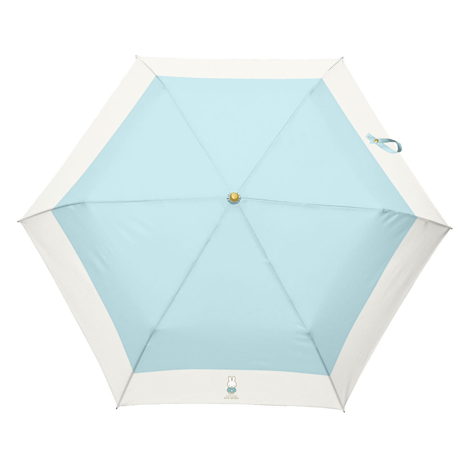 ミッフィー 晴雨兼用コンパクト折りたたみ傘 レザーハンドル 水色×白 切り継ぎ - 画像3