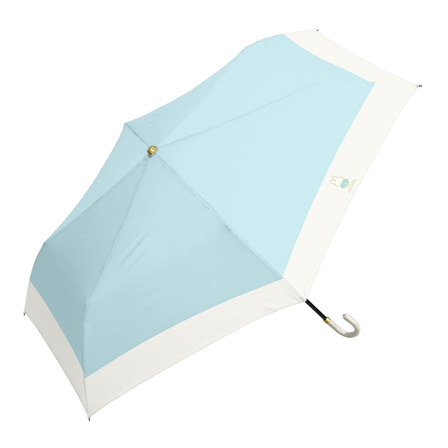 ミッフィー 晴雨兼用コンパクト折りたたみ傘 レザーハンドル 水色×白 切り継ぎ - 画像1