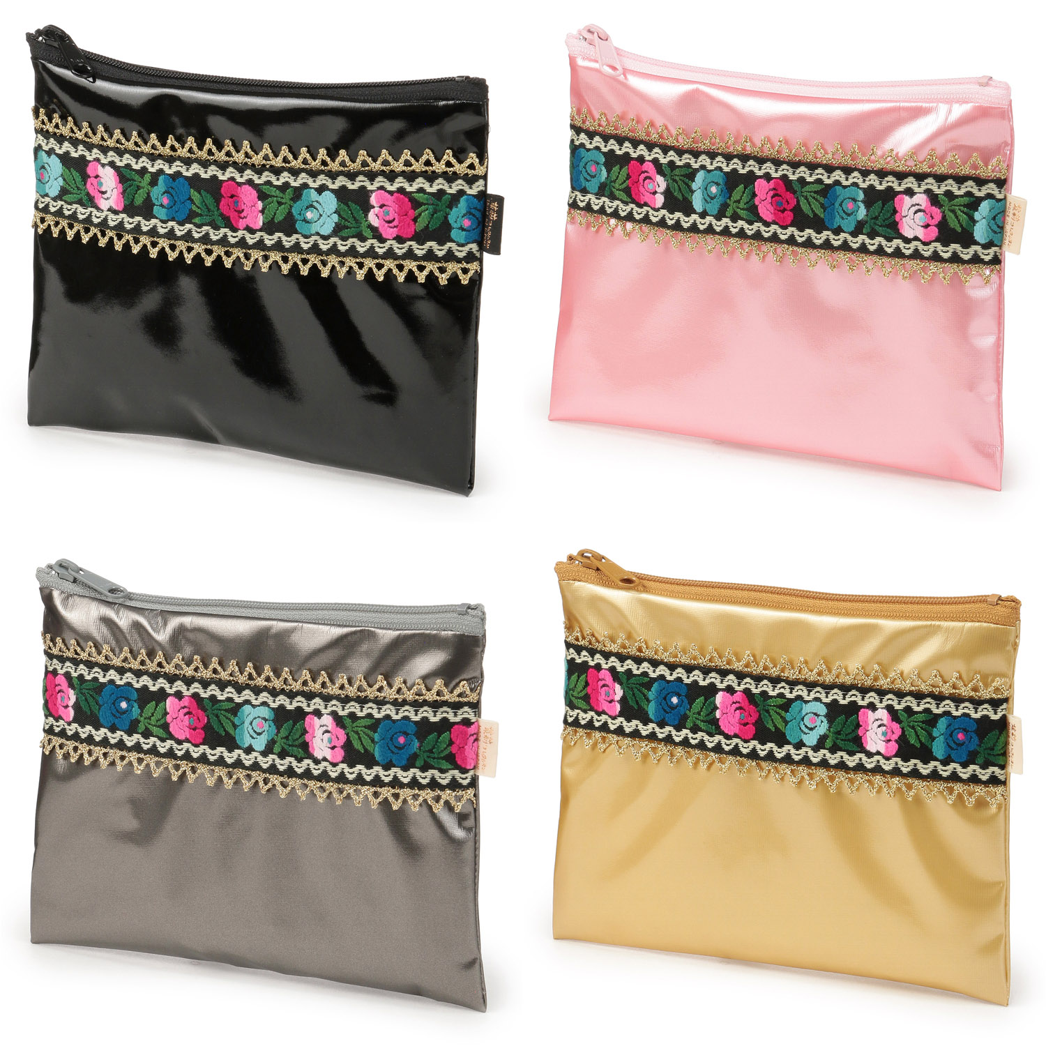 【日本製】 刺繍バラ フラットポーチ - 画像1