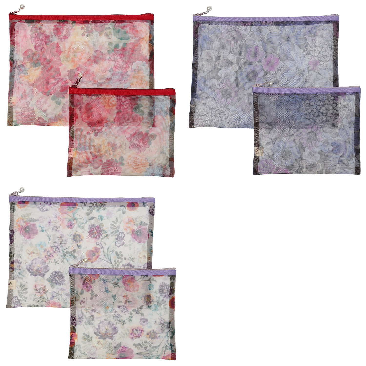 【日本製】 花柄メッシュ天ファスナーフラットポーチ 2サイズセット