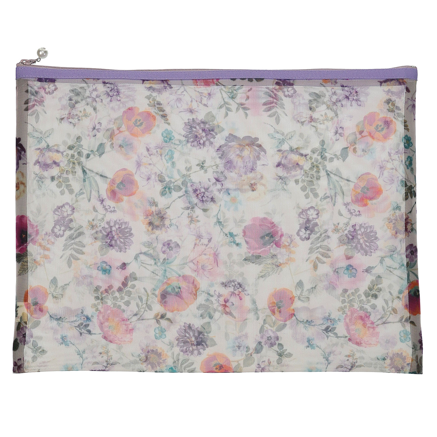 【日本製】 花柄メッシュ天ファスナーフラットポーチ（特大） - 画像4