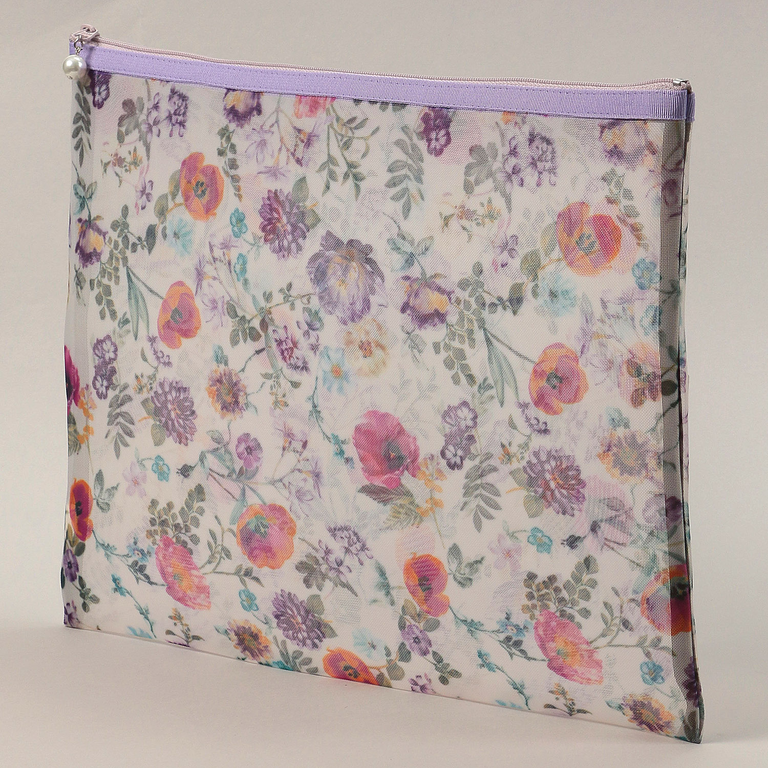 【日本製】 花柄メッシュ天ファスナーフラットポーチ（特大） - 画像5