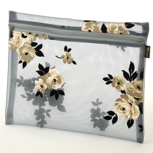 チュール フロッキー花柄 フラットポーチ 大 - 画像1