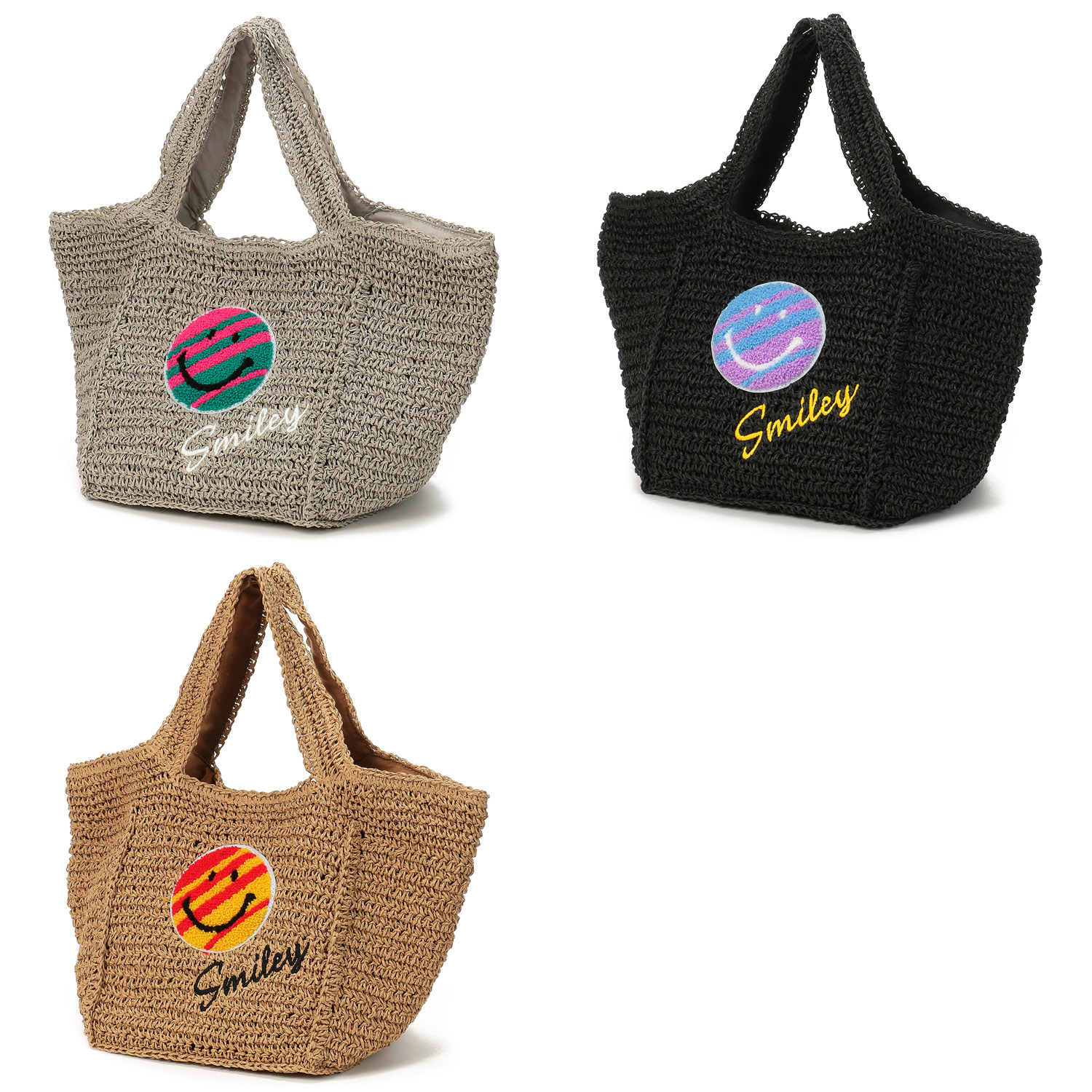 COOCO SMILEYサガラ刺繍ペーパーカゴバッグ