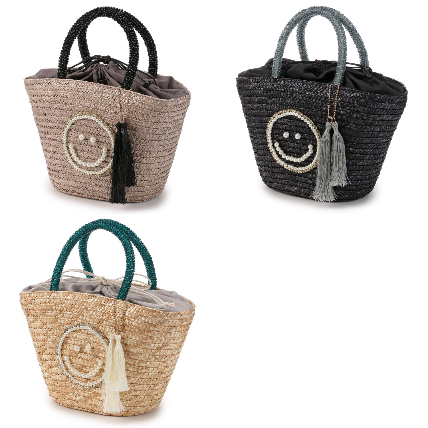 COOCO SMILEY パール刺繍ビーズハンドルカゴバッグ - 画像1