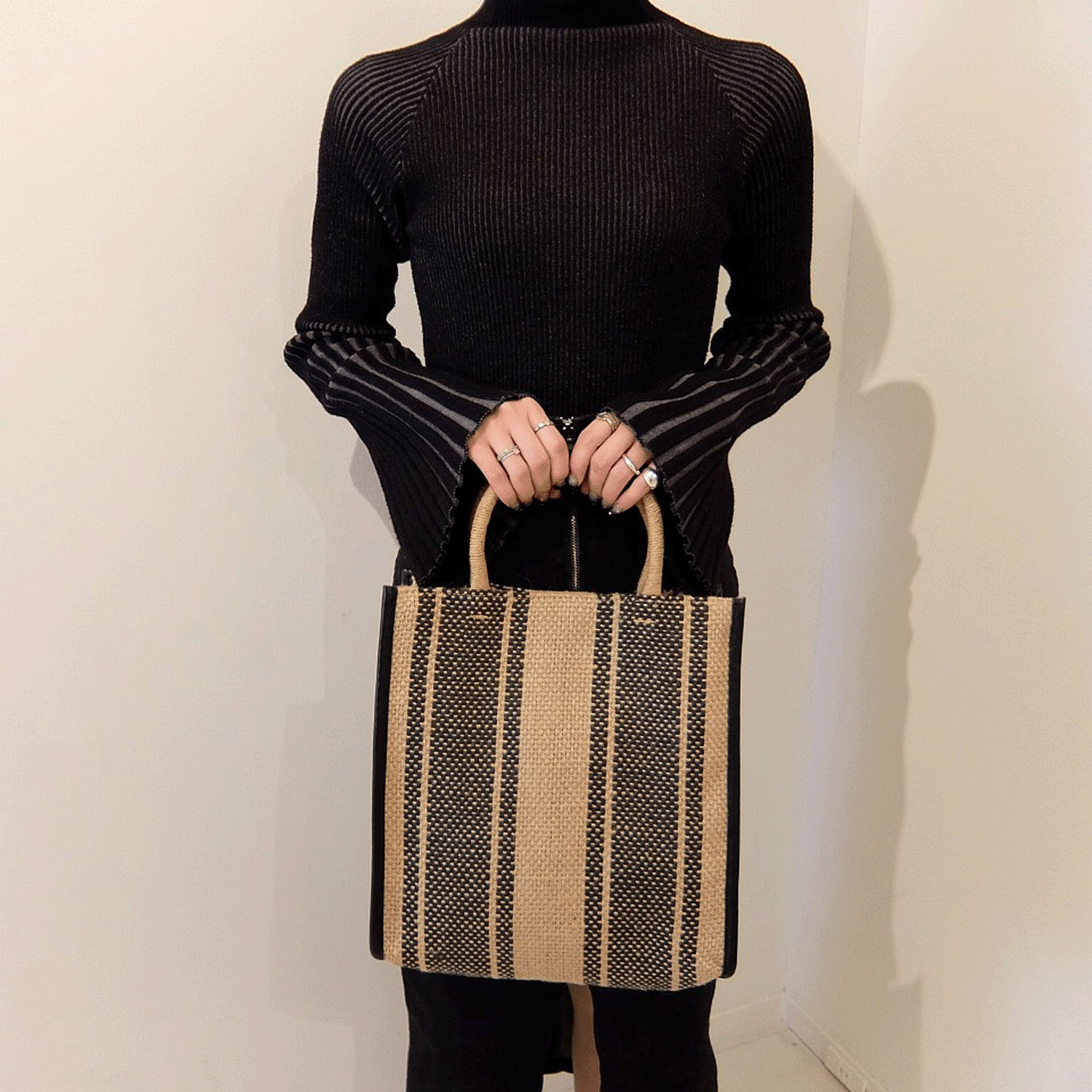 ストライプ柄ジュート縦型トートバッグ