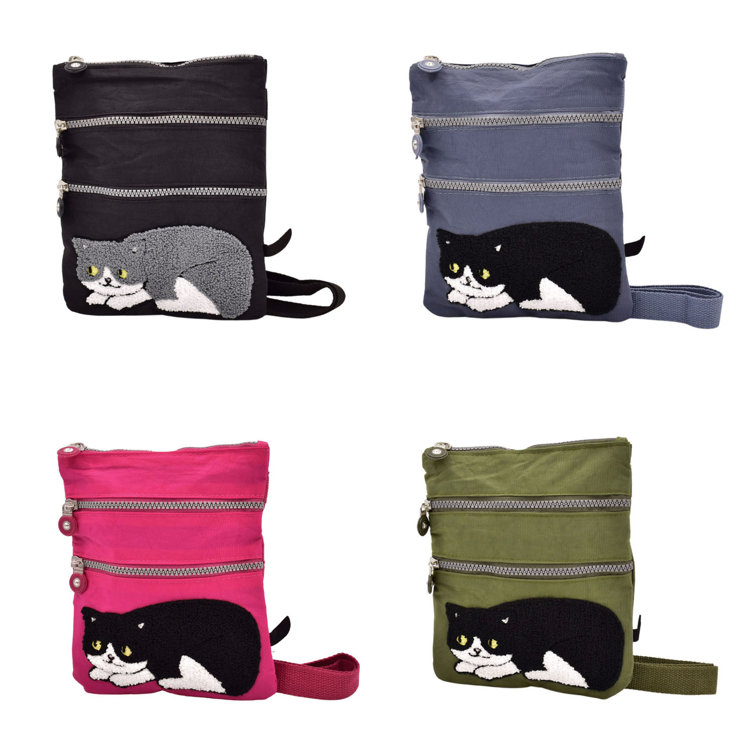 【ローズは在庫限りで終了】ネコ刺繍3ファスナーショルダーバッグ