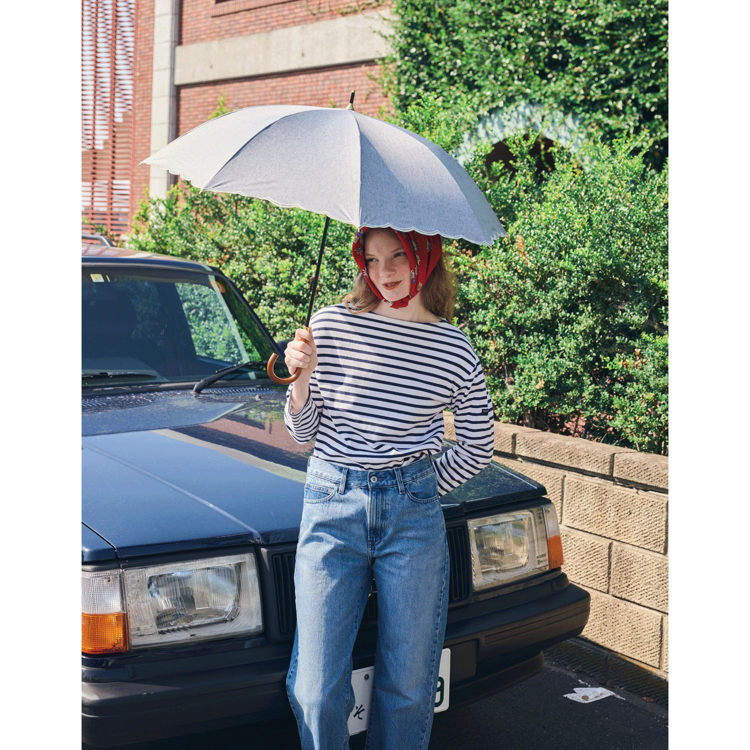 【assa】 晴雨兼用デニム スカラ刺繍長傘