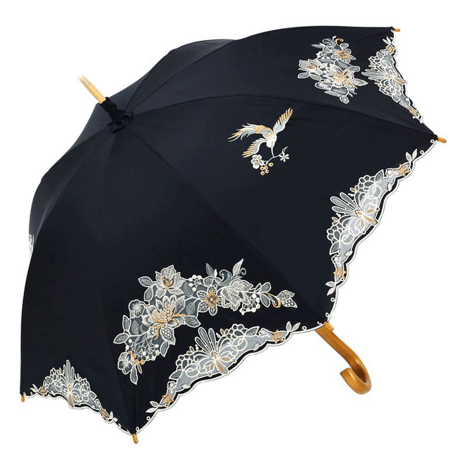 完全遮光 （晴雨兼用）女優日傘 「花鳥オーガンジー刺繍かわず張り」 - 画像1