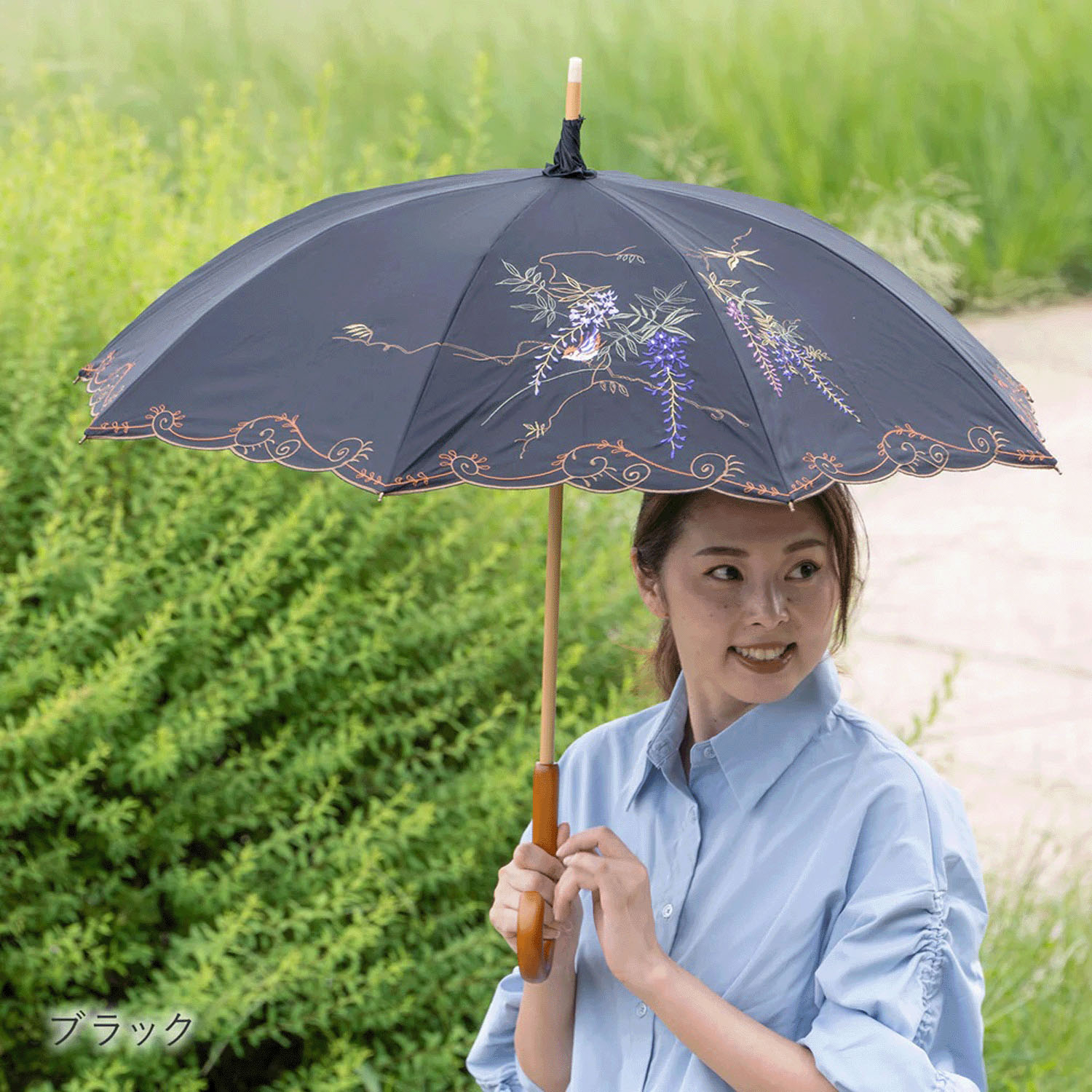 完全遮光 （晴雨兼用）女優日傘 「藤花刺繍かわず張り」 - 画像14