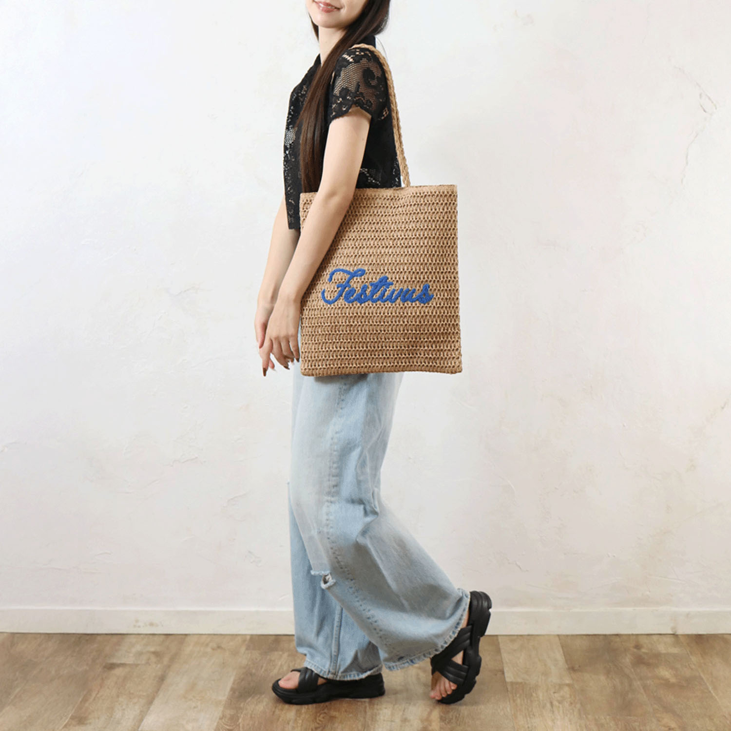 雑材サガラ刺繍フラットトートバッグ