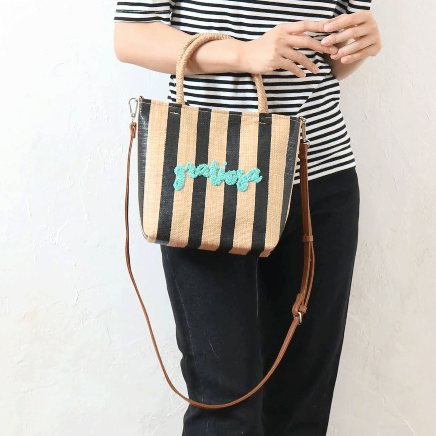 雑材サガラ刺繍ストライプ2WAYバッグ - 画像2