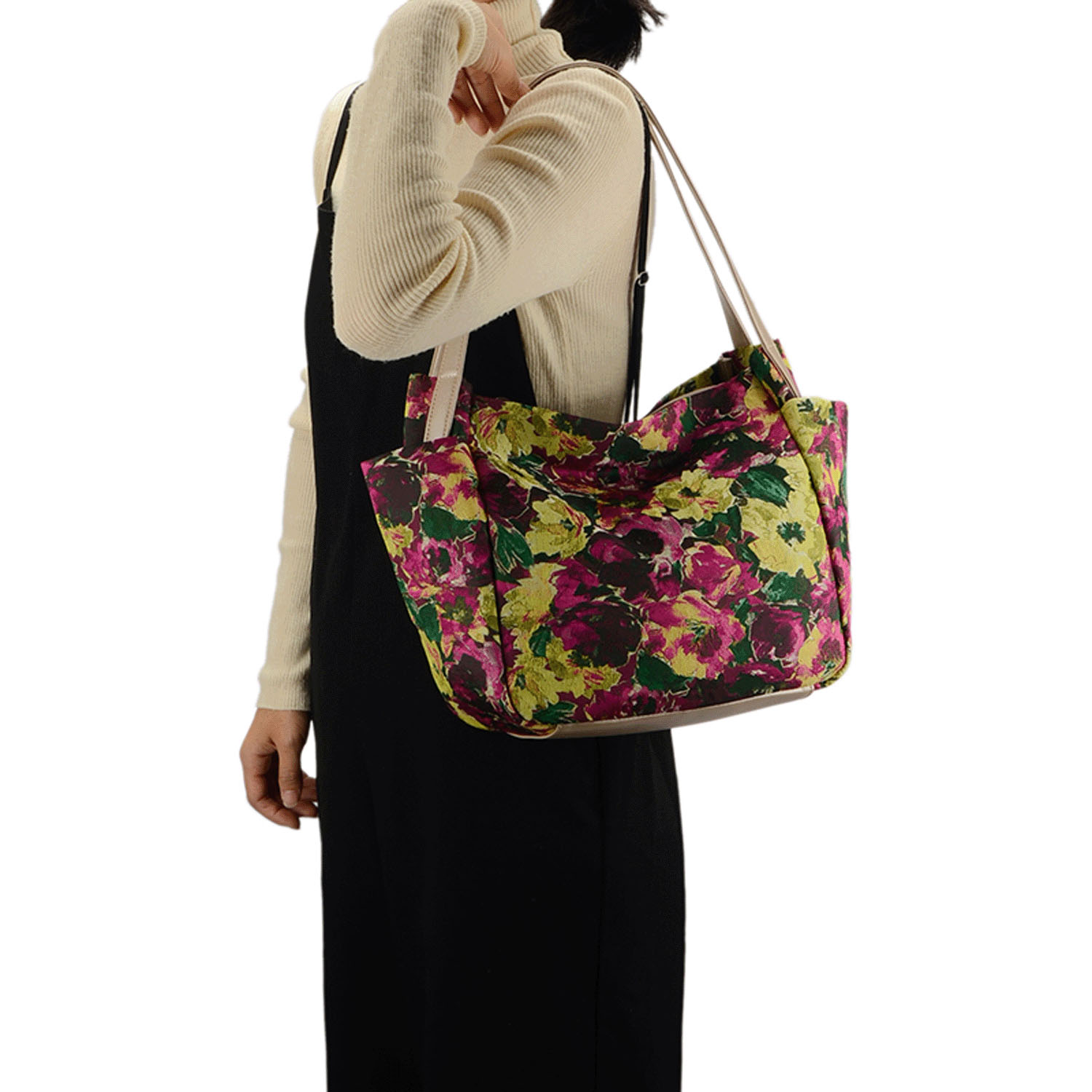 大花柄ジャカード織トートバッグ - 画像1