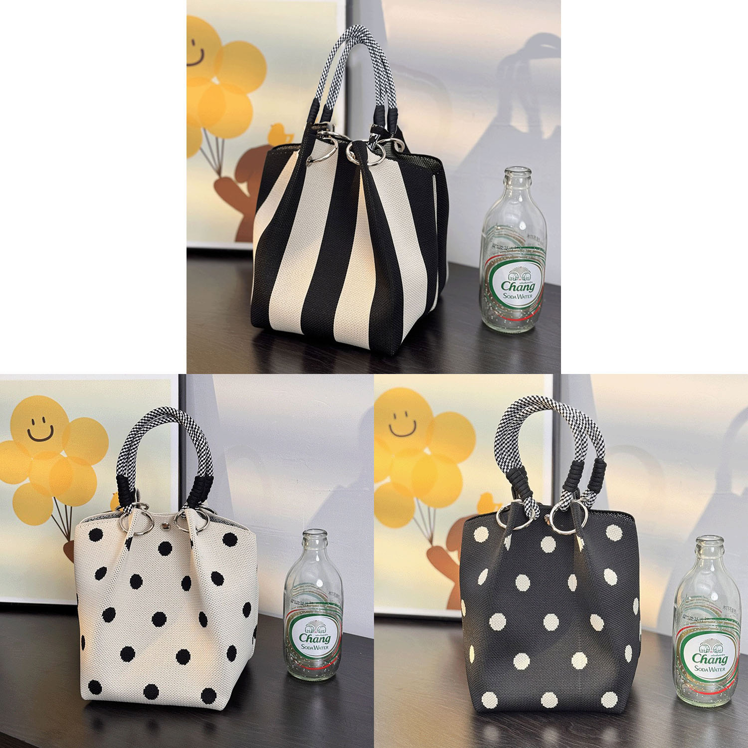 柄ものロープハンドルニットバッグ - 画像1