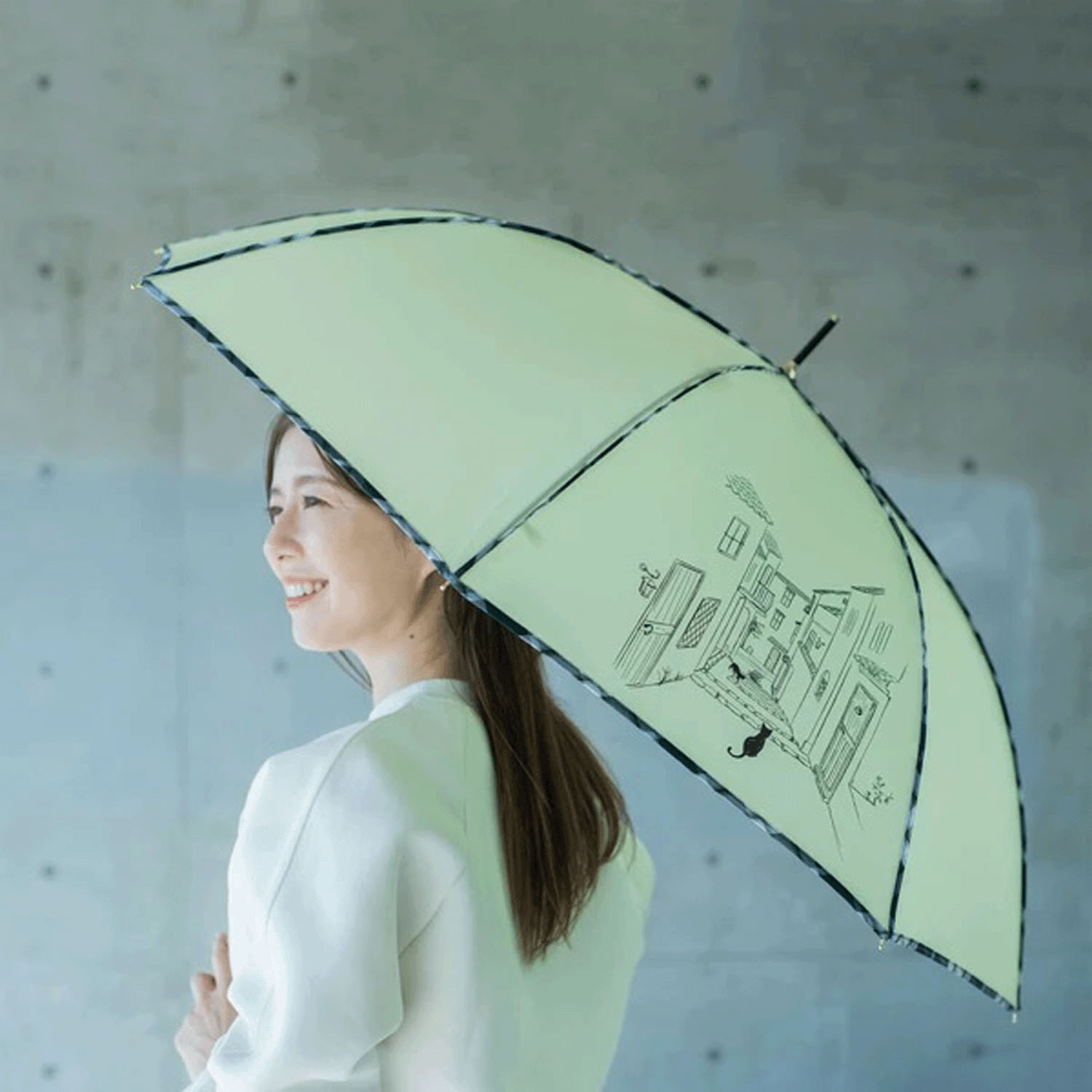 60cm耐風 チェックパイピングと猫長傘 - 画像4