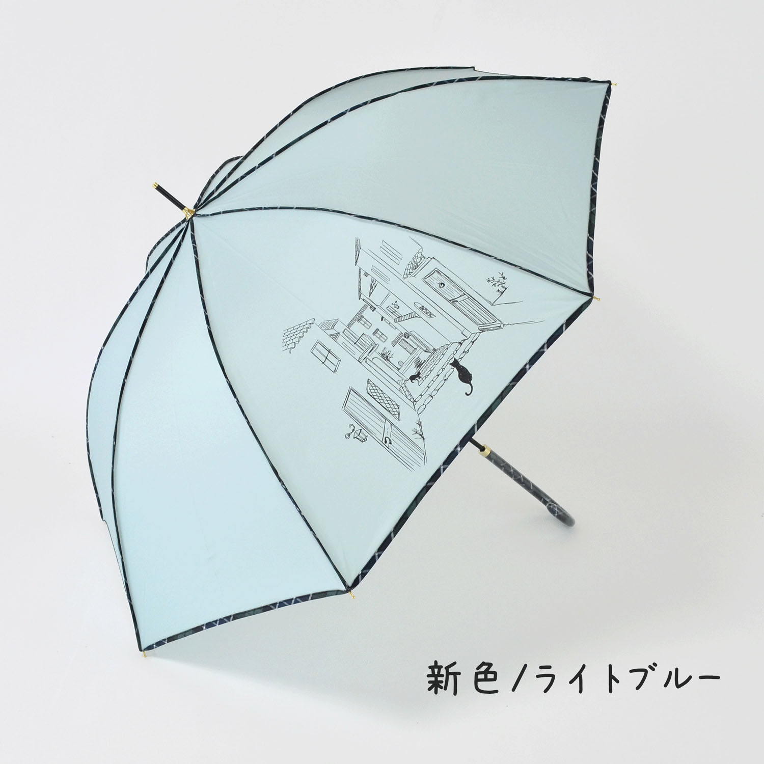 60cm耐風 チェックパイピングと猫長傘 - 画像5