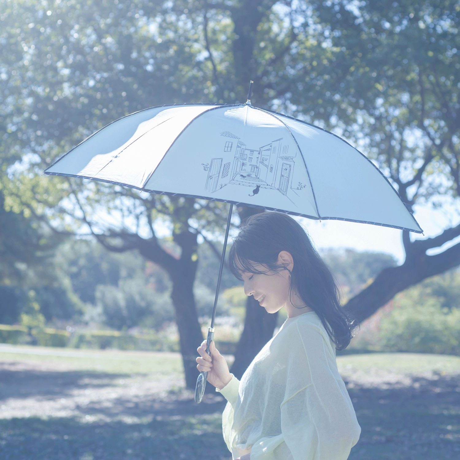 60cm耐風 チェックパイピングと猫長傘