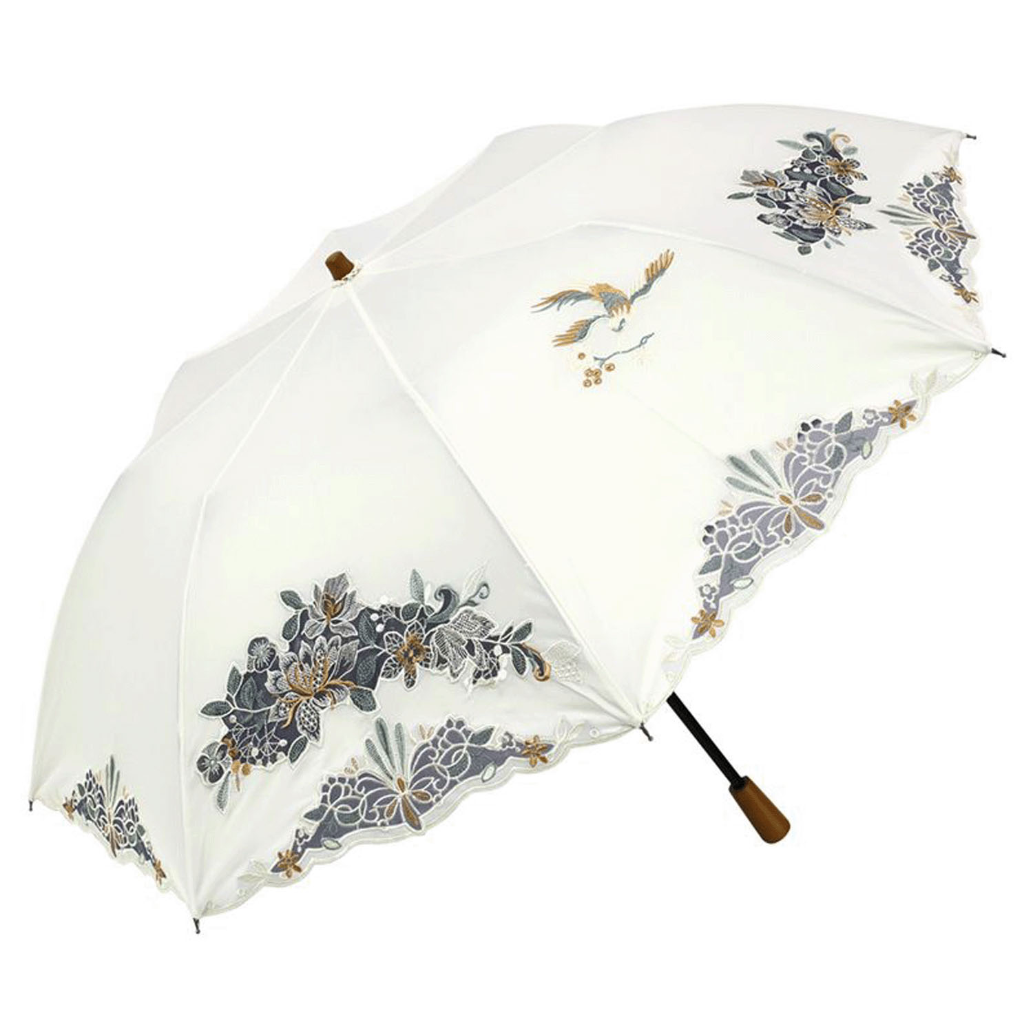 完全遮光 （晴雨兼用）女優日傘 「花鳥オーガンジー刺繍かわず張り」ショート折り畳み - 画像2