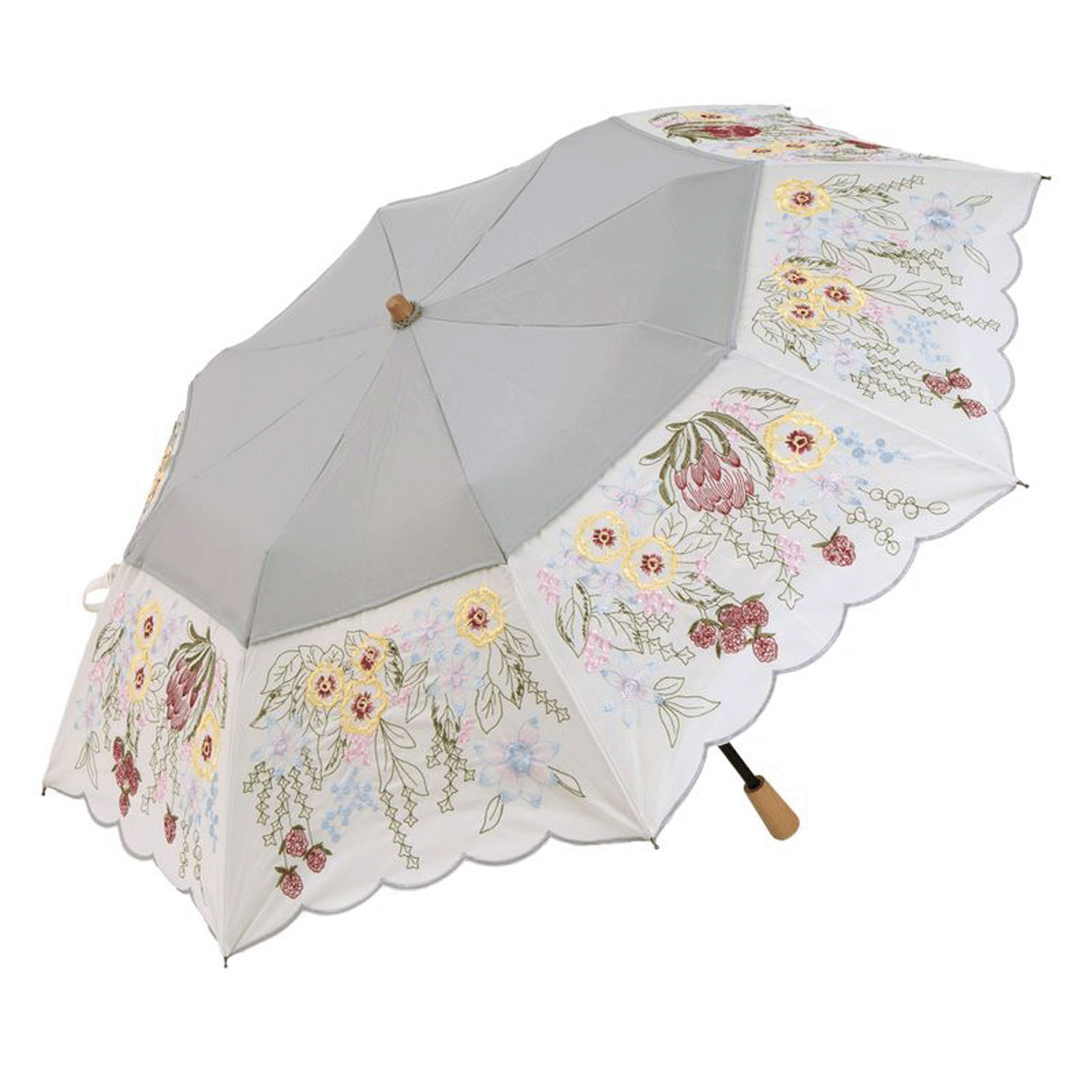 完全遮光 （晴雨兼用）女優日傘 「花束みたいな刺繍かわず張り」ショート折り畳み - 画像1