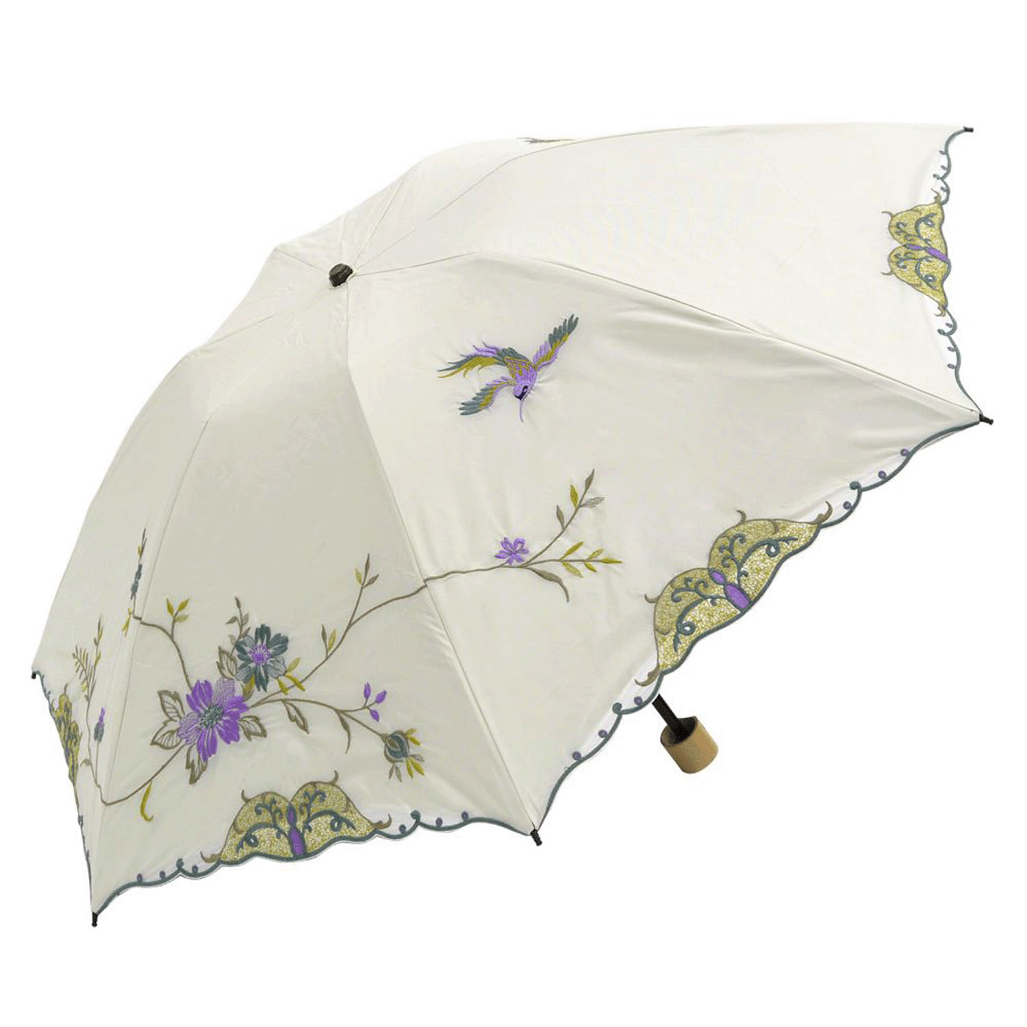 完全遮光 （晴雨兼用）女優日傘 「花鳥刺繍」ミニ折り畳み傘 - 画像2