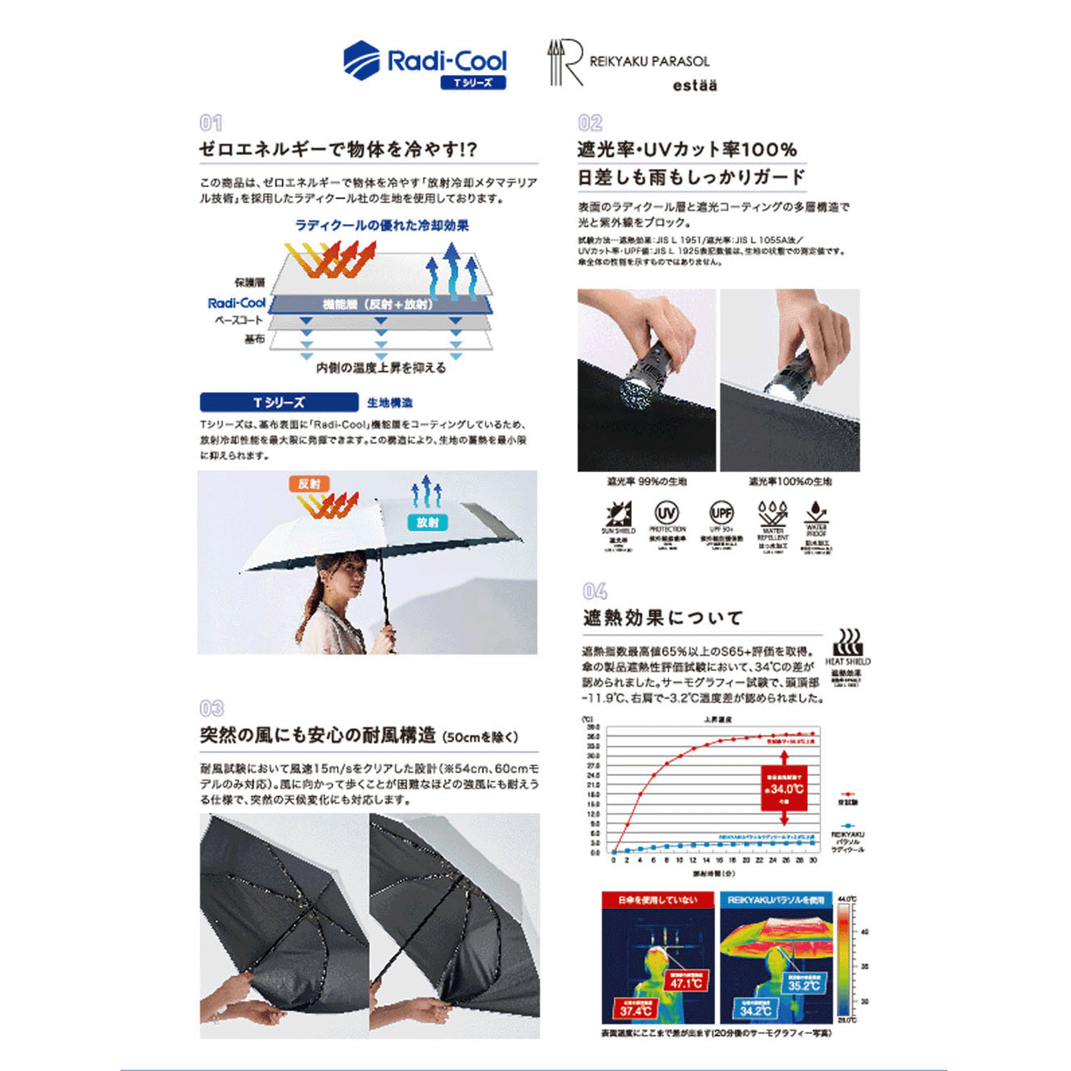REIKYAKU パラソル 大きめ60cm耐風仕様 放射冷却素材ラディクール - 画像8