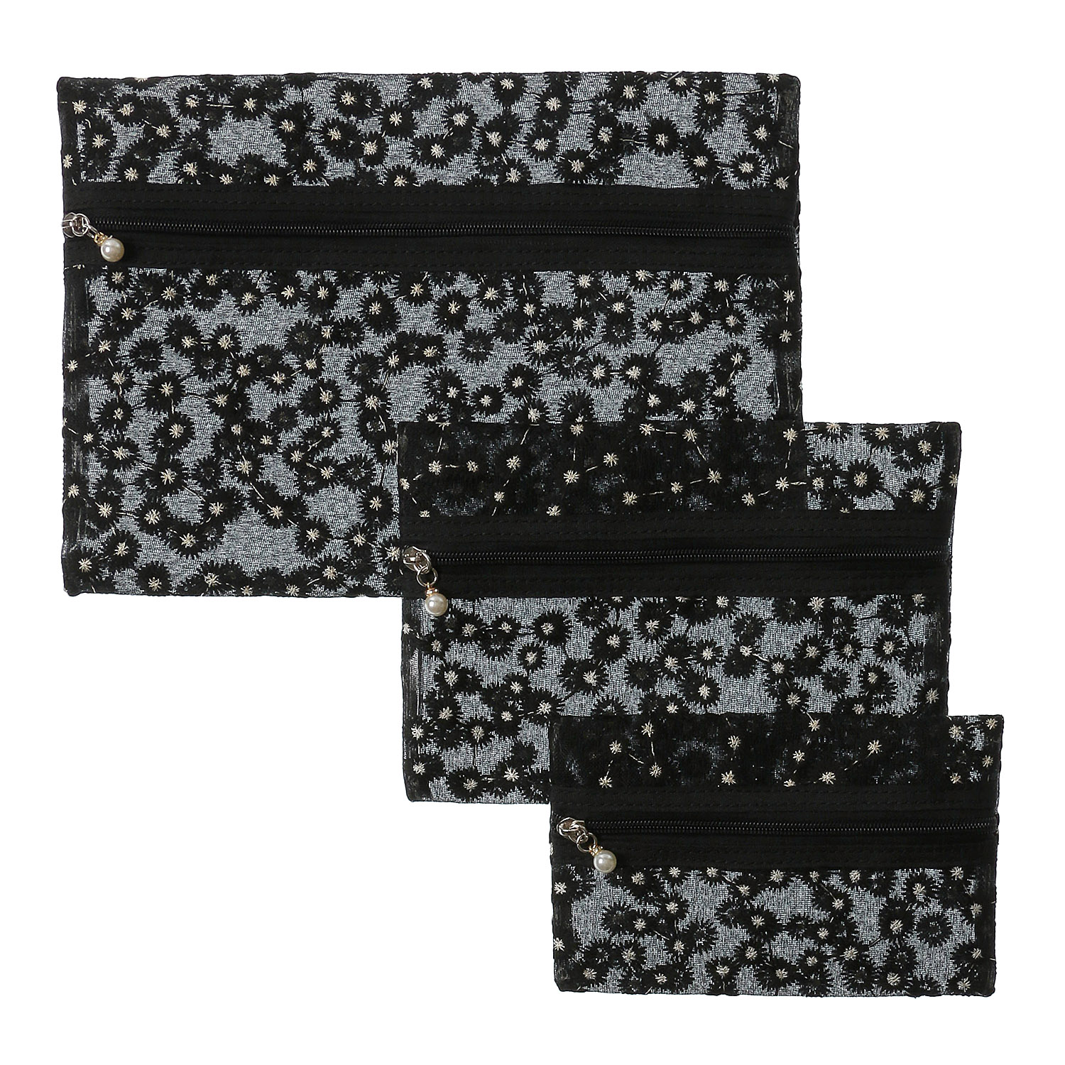 メッシュ花刺繍3Pポーチ - 画像2