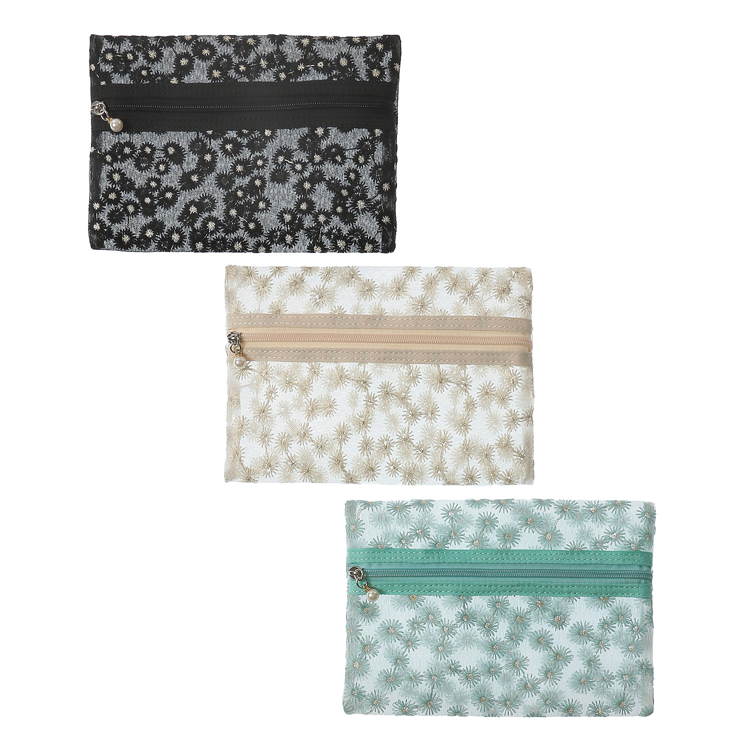 メッシュ花刺繍3Pポーチ