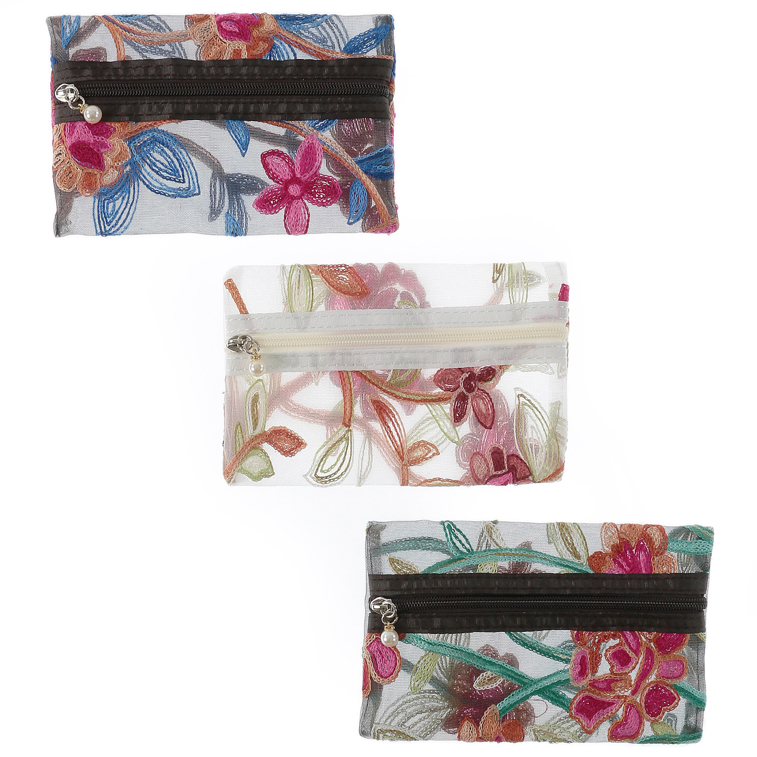 メッシュ花柄刺繍3Pポーチ - 画像1