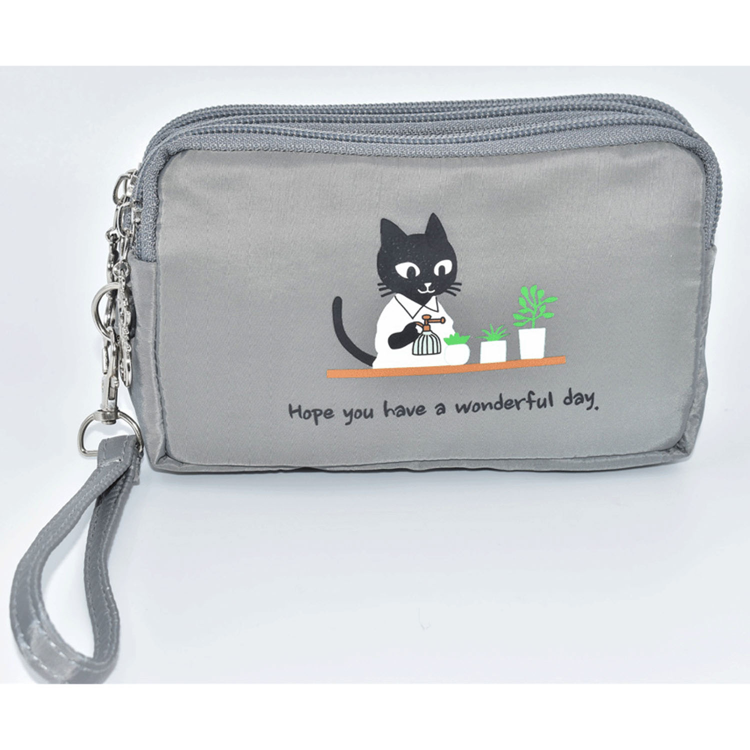 【15番色終了】 3連ファスナー黒猫プリントポーチ - 画像1