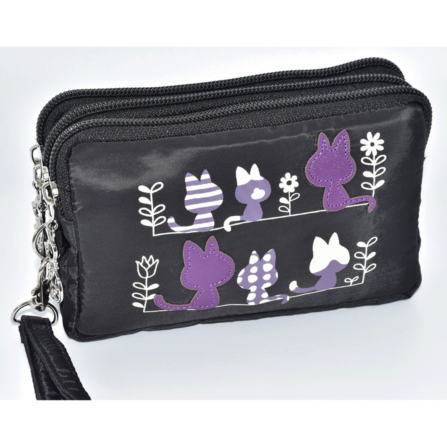 3連ファスナーネコ貼り付けポーチ