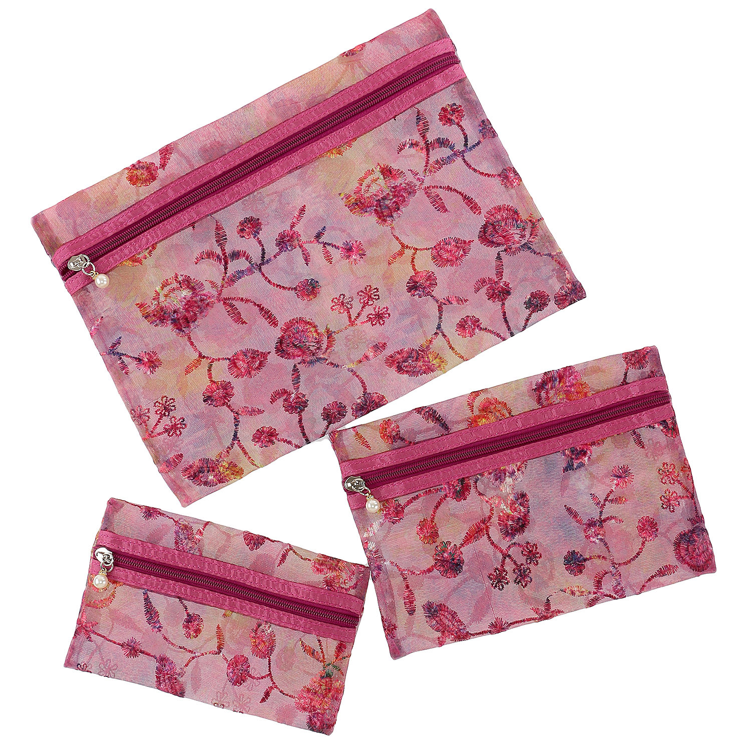 メッシュフ ラワー刺繍ポーチ 3点セット - 画像2