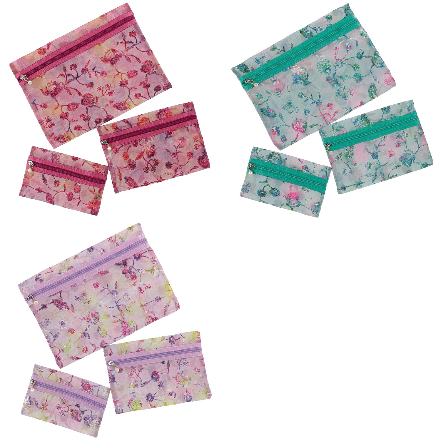 メッシュフ ラワー刺繍ポーチ 3点セット