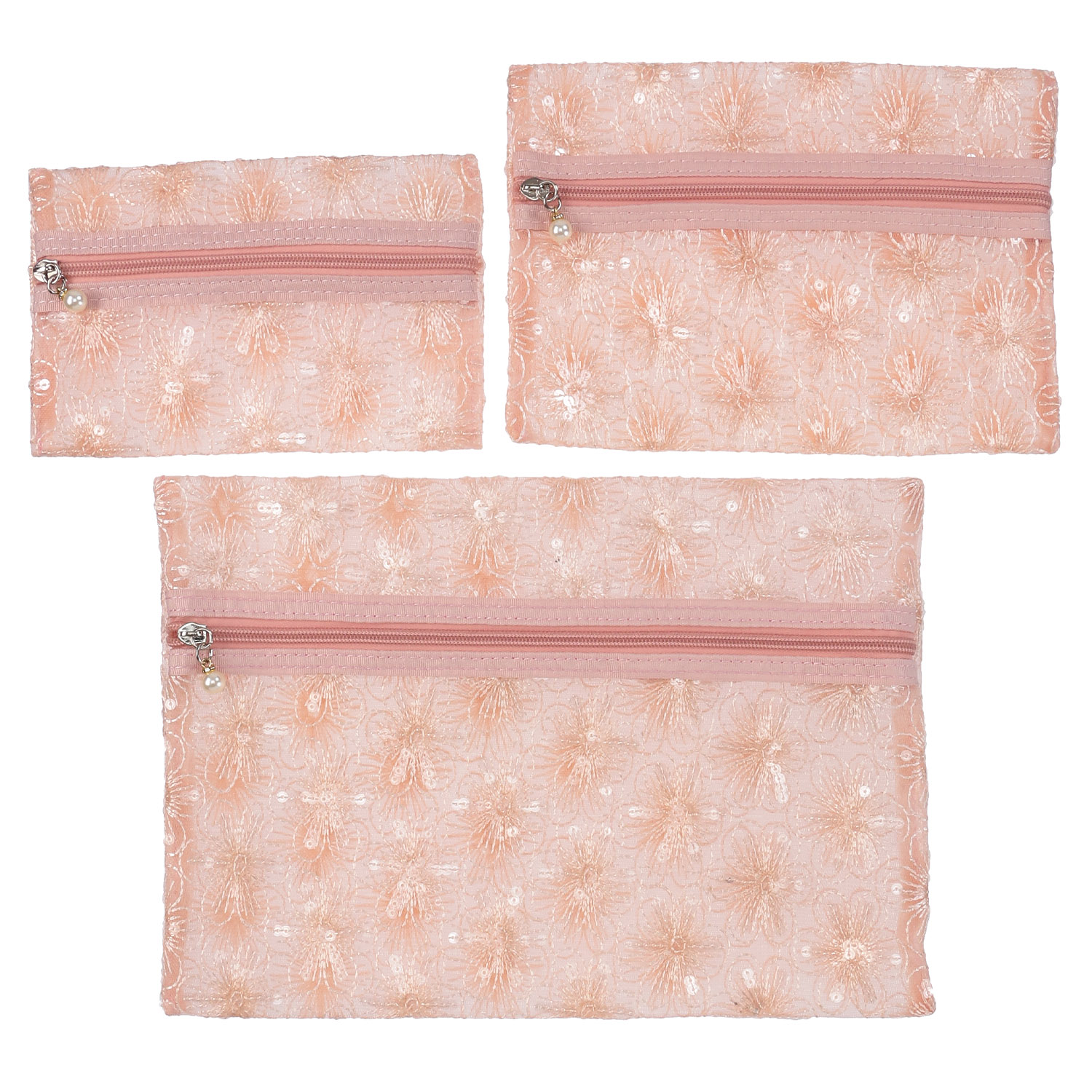 メッシュ スパンコール花刺繍 ポーチ3点セット - 画像2