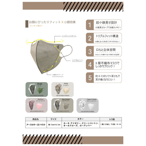 アースカラー3Dマスク 12枚入  クリーンコットン - 画像4