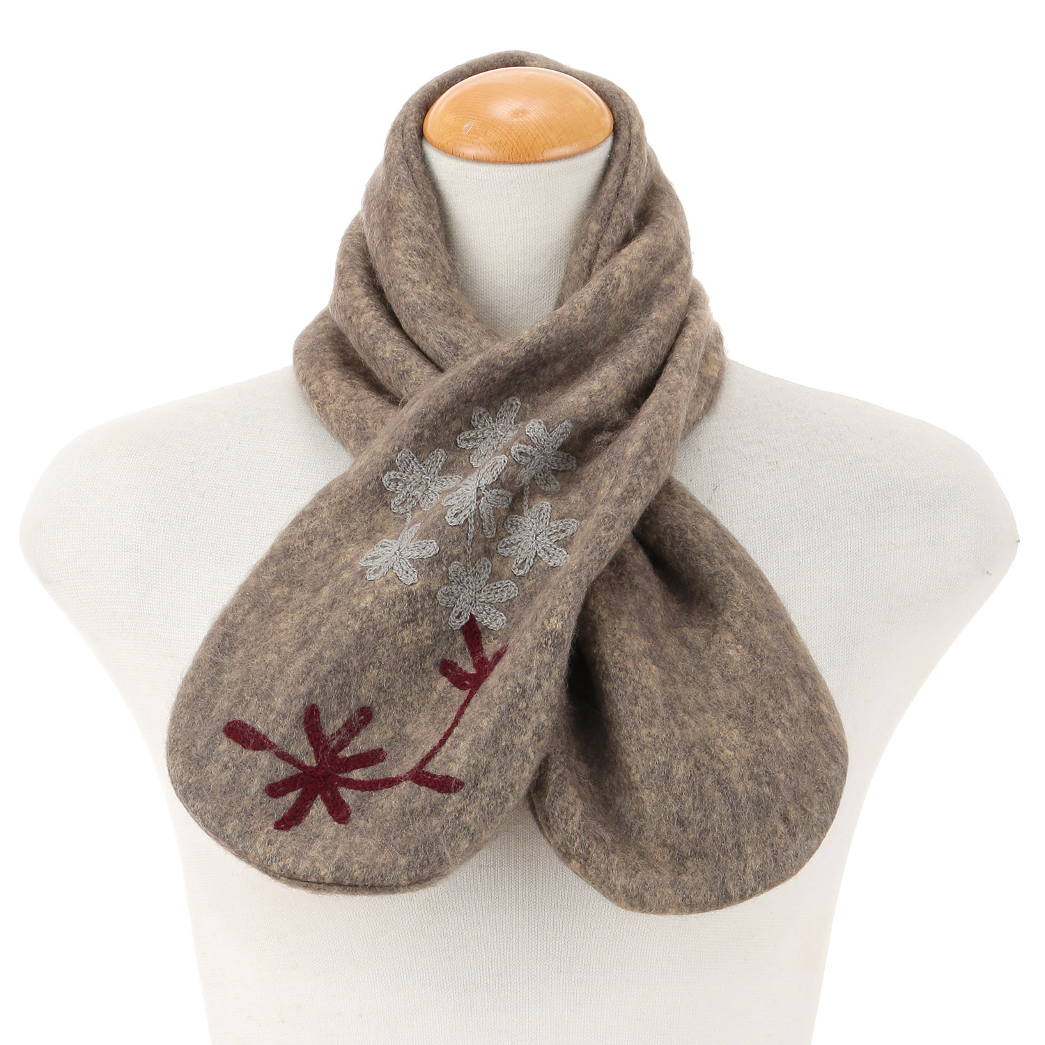 【チャコールグレー終了】インド製 刺繍差込みマフラー フラワー - 画像1
