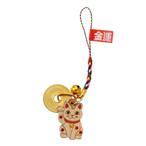 金運招き猫 ひのき5円玉付根付 - 画像1