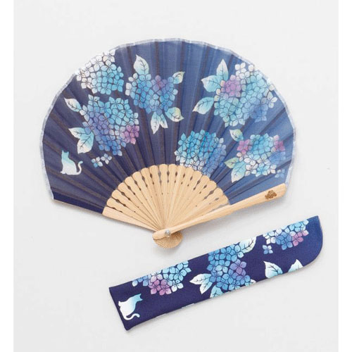 あじさい猫扇子 紺 - 画像1