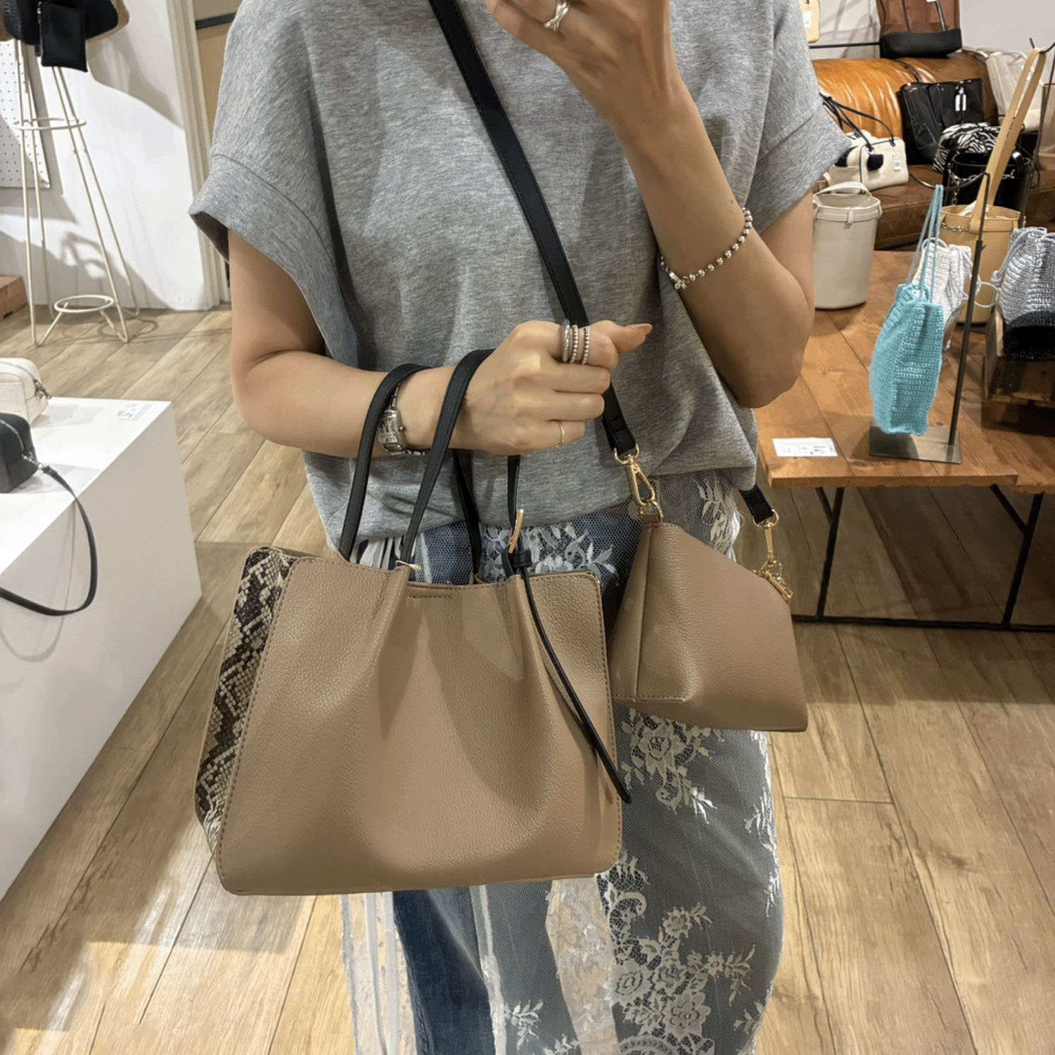 cachecache フェイクレザーショルダーバッグ付スクエアトート - 画像2