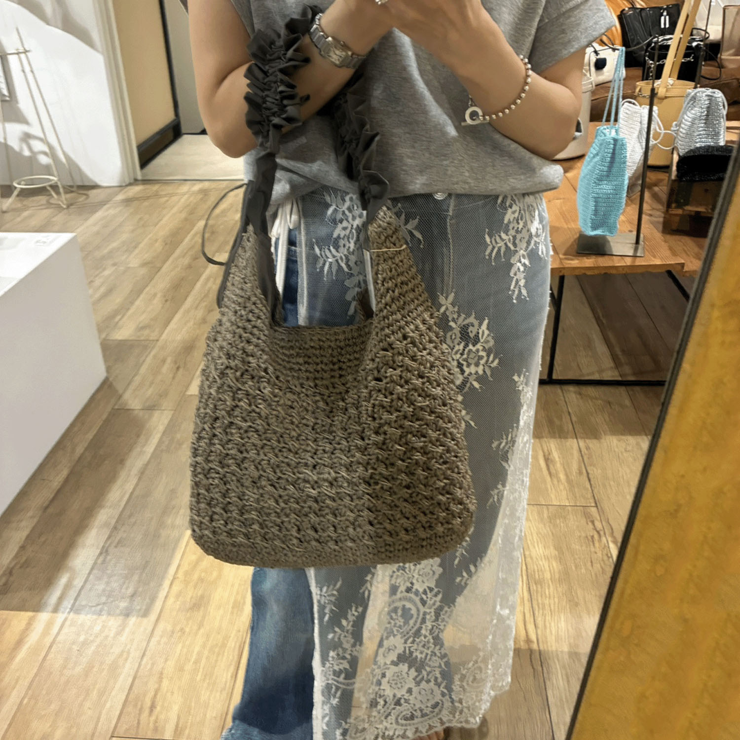 cachecache ドロストフリルハンドル地柄編みトート - 画像3