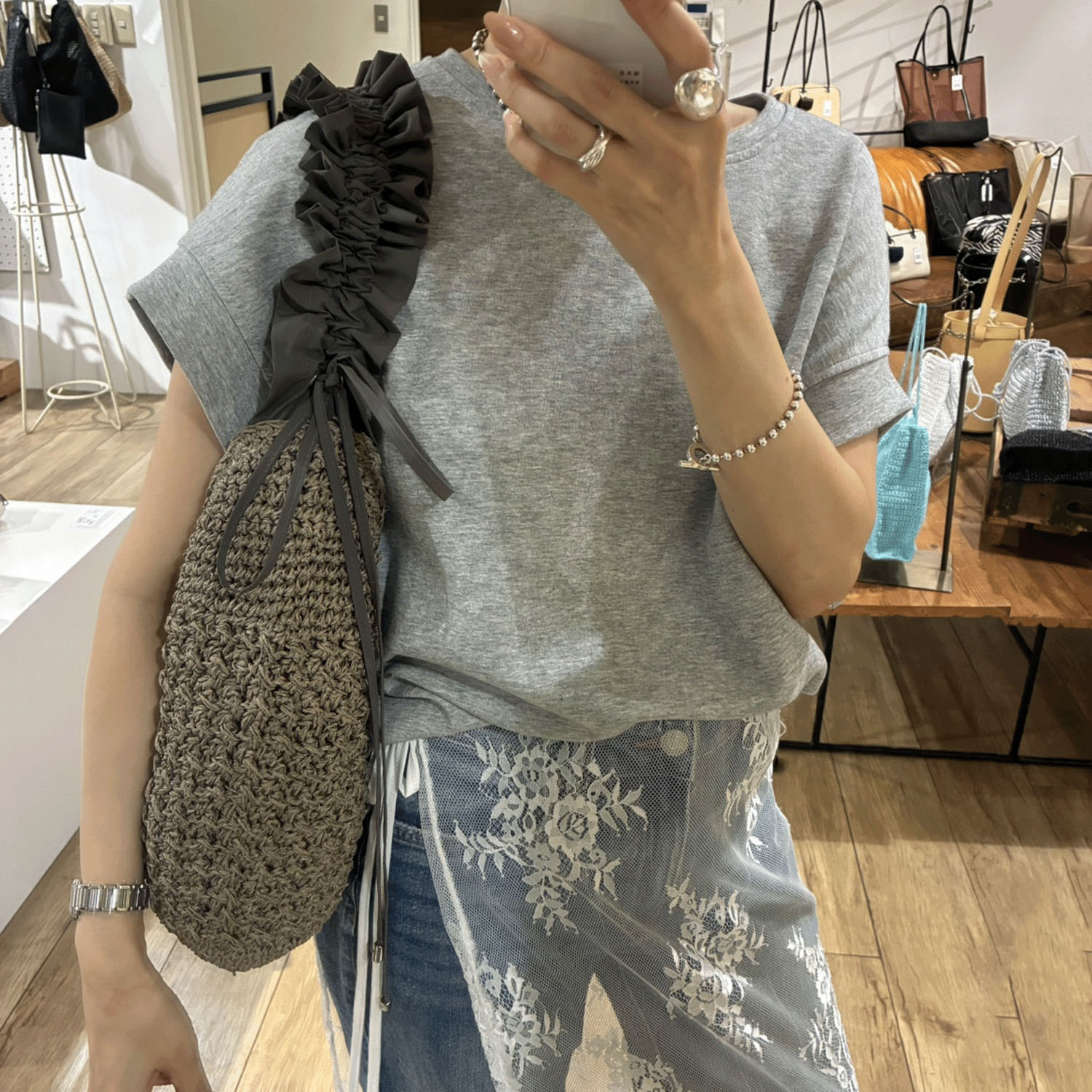 cachecache ドロストフリルハンドル地柄編みトート - 画像4