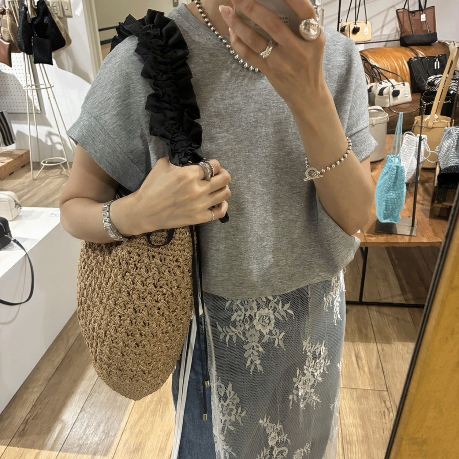 cachecache ドロストフリルハンドル地柄編みトート - 画像8