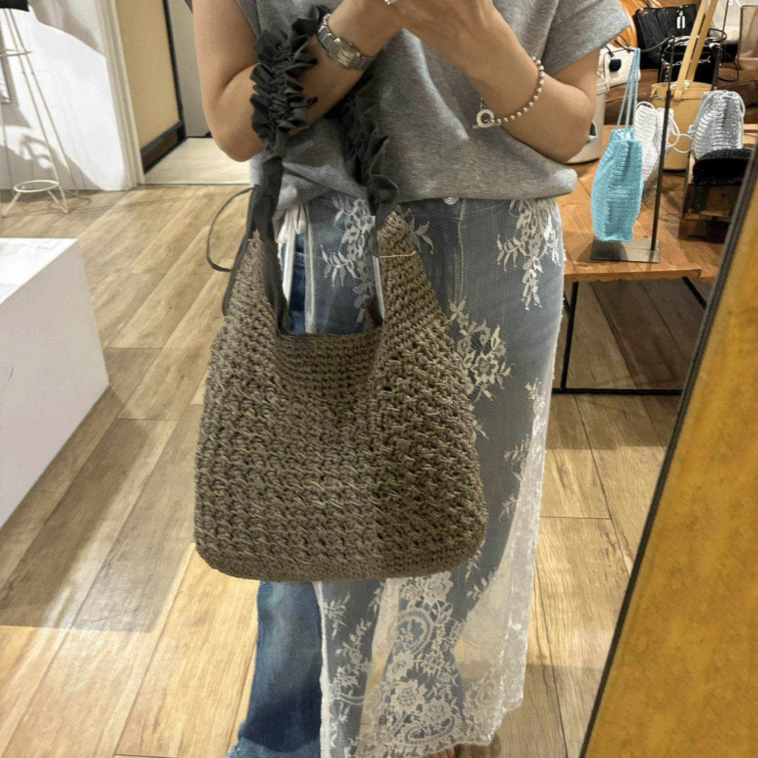 cachecache ドロストフリルハンドル地柄編みトート - 画像1