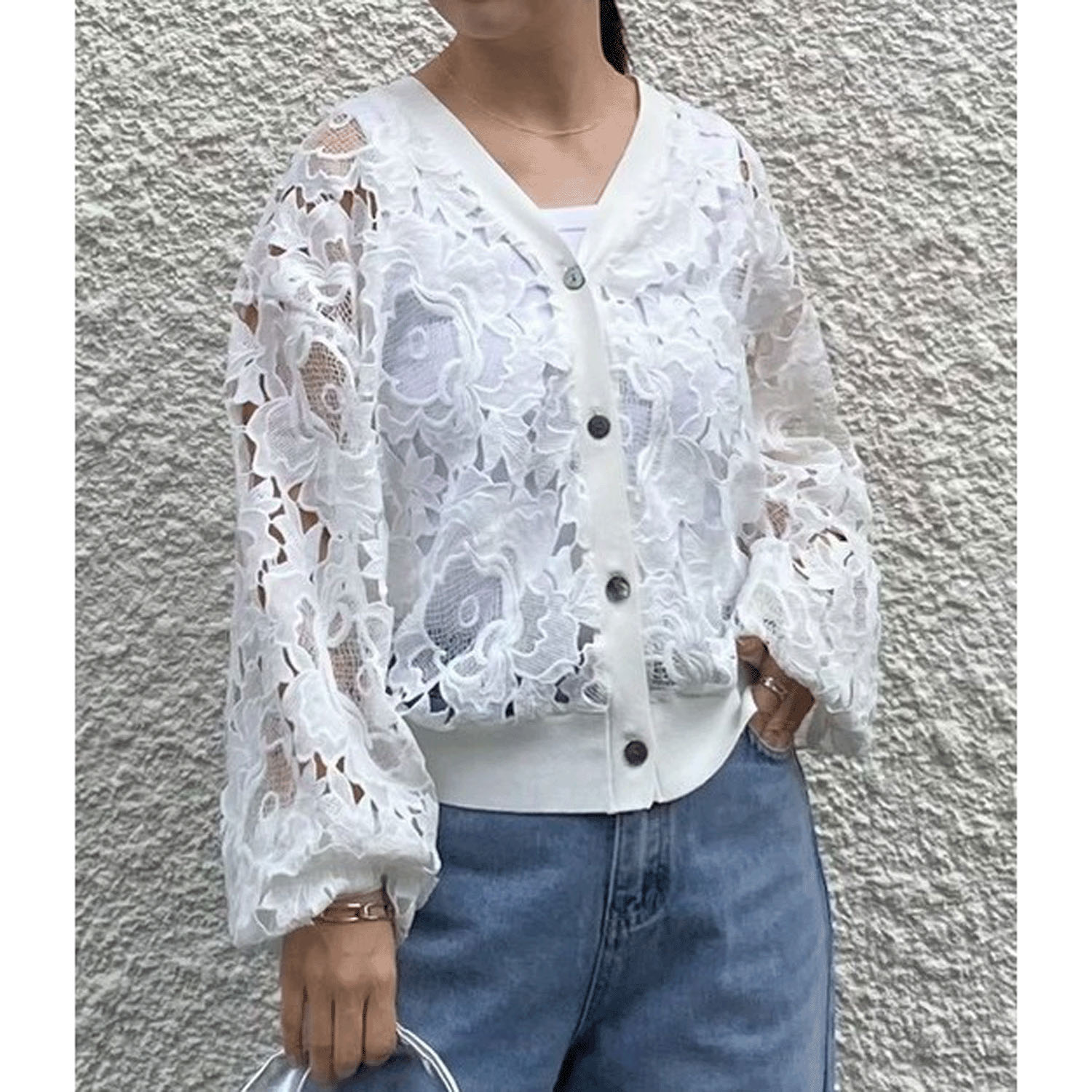 ROSIEE レースチュールドッキングカーディガン