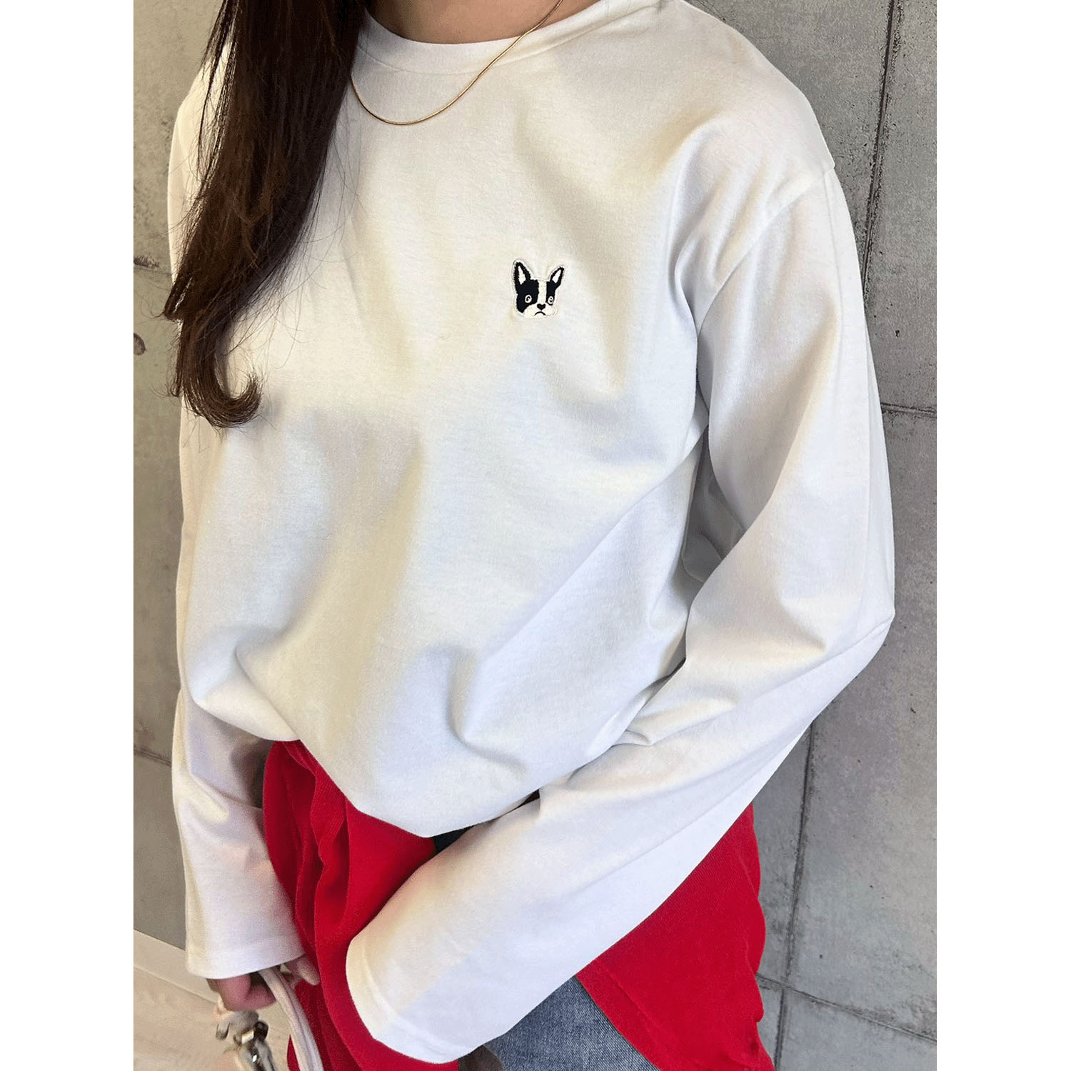 ROSIEE 前後フレンチブルドッグワッペン風刺繍ロンT