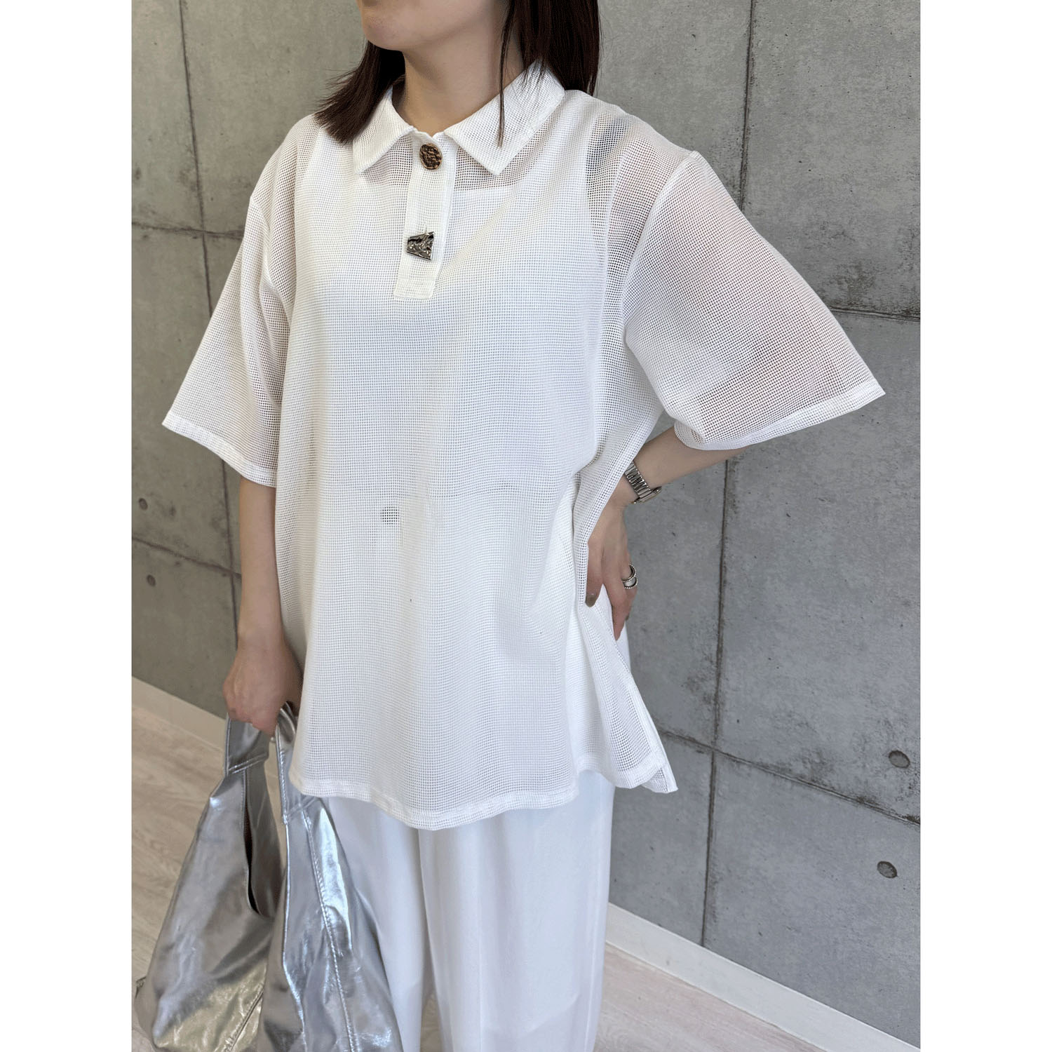 ROSIEE ニュアンス釦メッシュBIGシャツ - 画像1