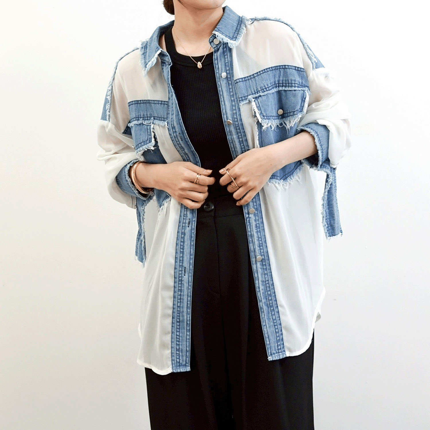 SEVEN SENSE デニム切替シアーシャツ - 画像3