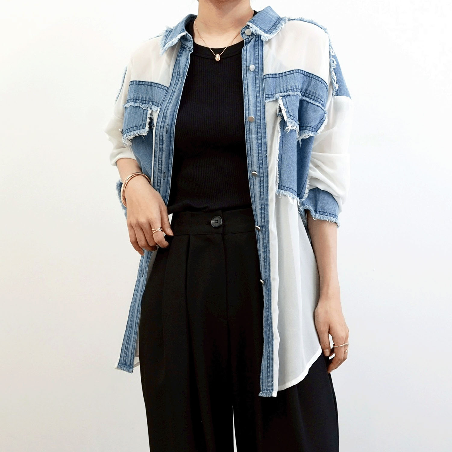 SEVEN SENSE デニム切替シアーシャツ - 画像1