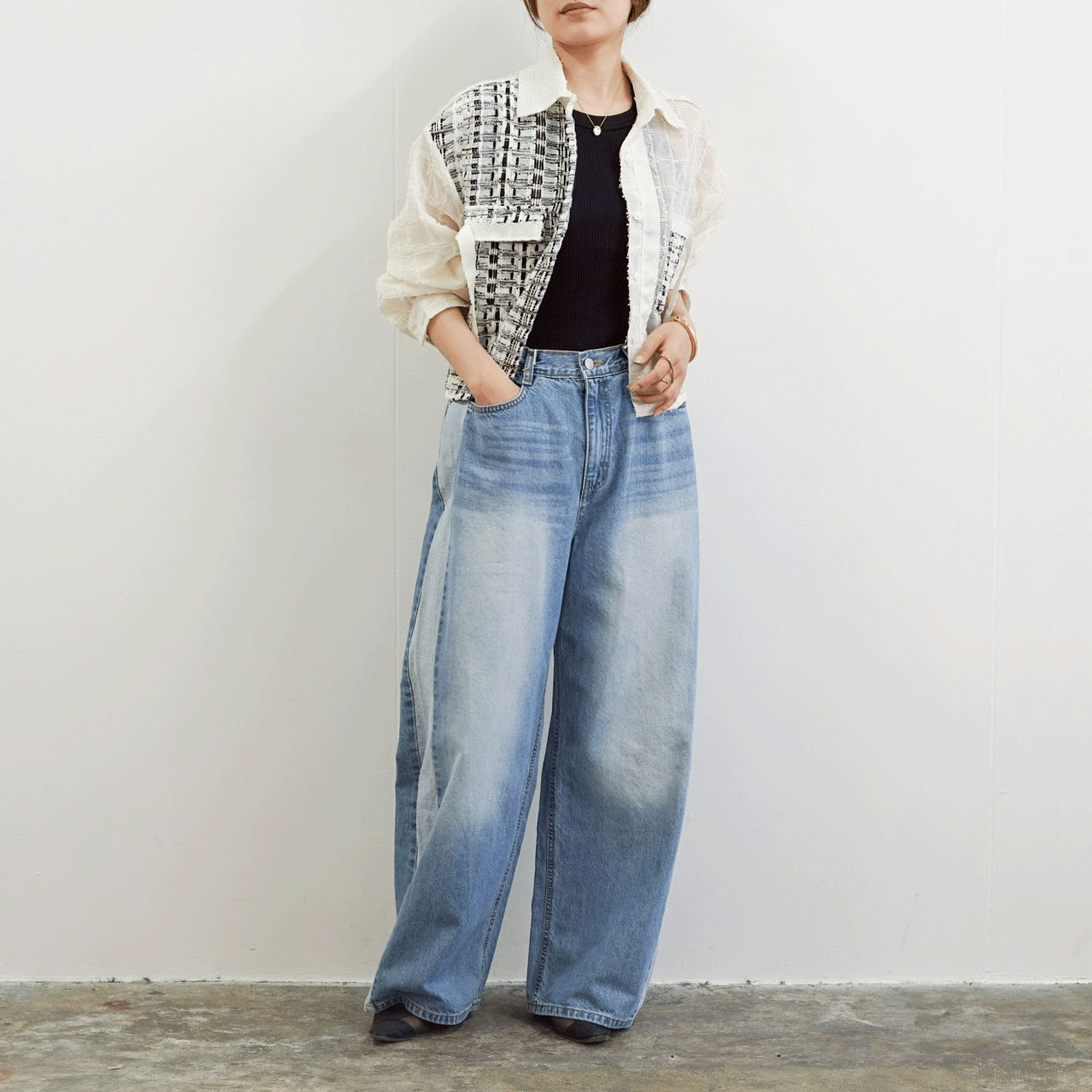 SEVEN SENSE  アシメツイードデザインシアーシャツ - 画像4